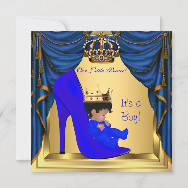 Baby Shower Boy Prince Royal Blue Shoe Gold Invitation (Front)