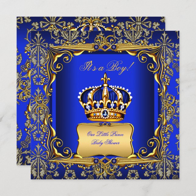 Baby Shower Boy Royal Blue Damask Gold Crown Invitation (Front/Back)