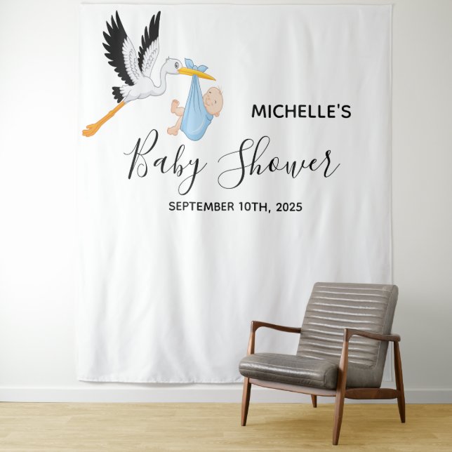 Baby shower boy stork white photo backdrop tapestry (In Situ)