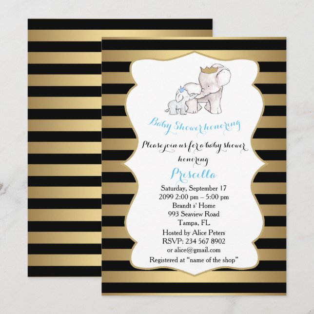 Baby Shower BOY, strip,black,gold,,elephants Invitation (Front/Back)