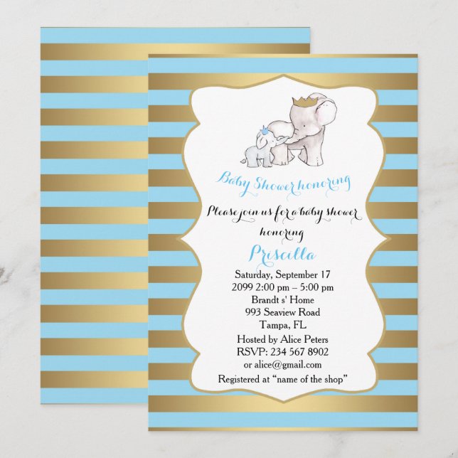 Baby Shower BOY, strip,blue,gold,,elephants Invitation (Front/Back)
