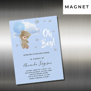 Baby shower boy teddy bear blue stars luxury magnetic invitation