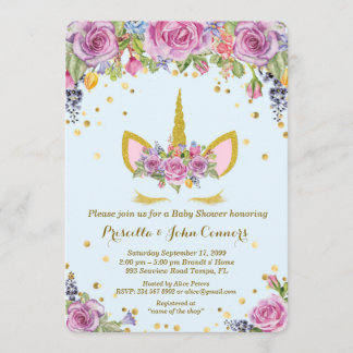 Baby Shower Boy Unicorm invitation,flowers, blue Invitation