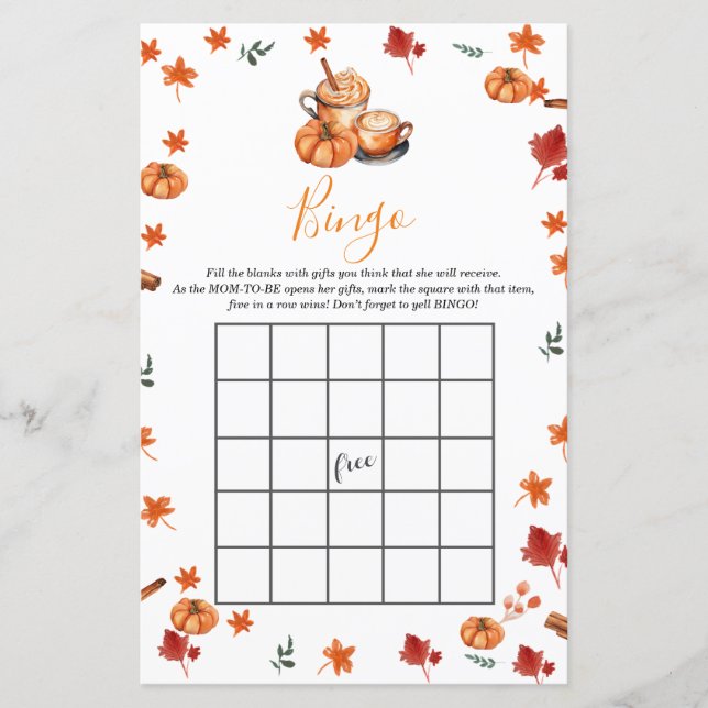 Baby Shower Brewing Pumpkin Spice Coffee Bingo (Front)