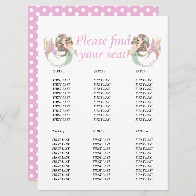 Baby Shower Brown Mermaid Pink Table chart Invitation (Front/Back)