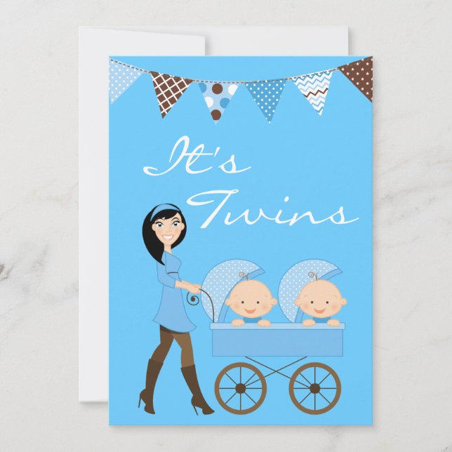 Baby shower Brunette Twin Boys Invitation (Devant)