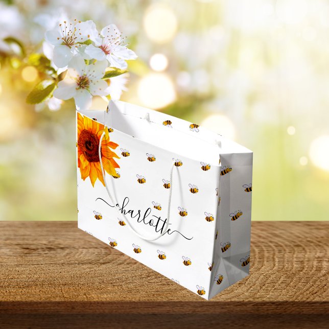 Baby shower bumble bees rustic sunflower name large gift bag (Creator Uploaded)