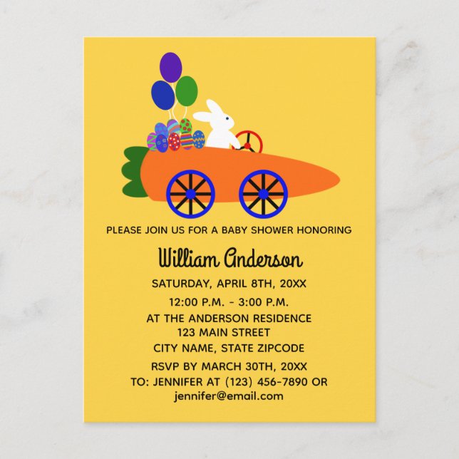Baby shower Bunny Carott Car#3 Invitation Carte Po (Devant)