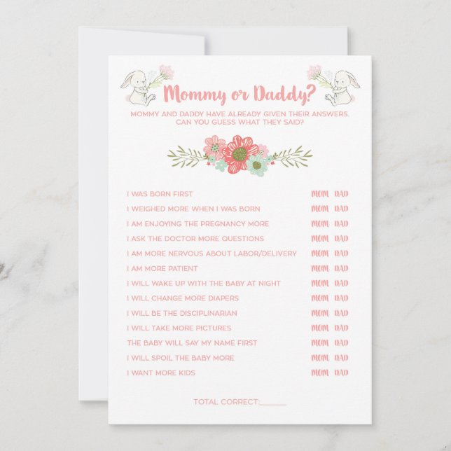 Baby Shower Bunny Mommy or Daddy Game Card (Front)