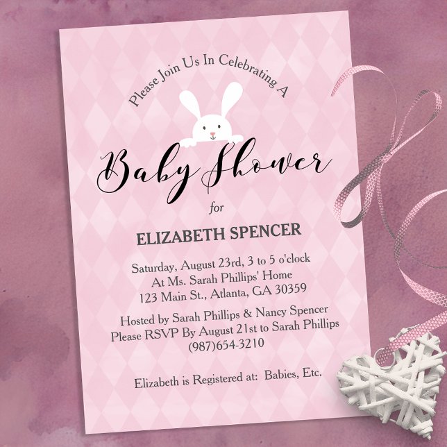 Baby Shower Bunny Pink Diamond Invitation (Creator Uploaded)