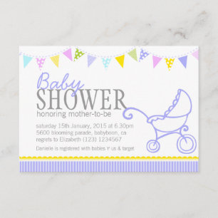 Baby shower bunting pram stroller purple invite