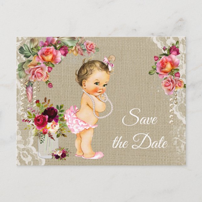 Baby shower Burlap Lace Enregistrer la date Cartes (Devant)