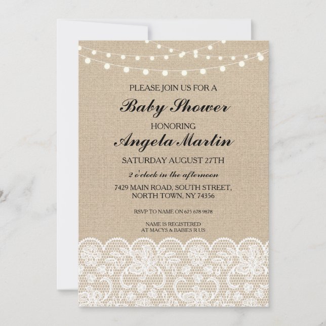 Baby Shower Burlap Lace Trim Lights Party Invite (Front)