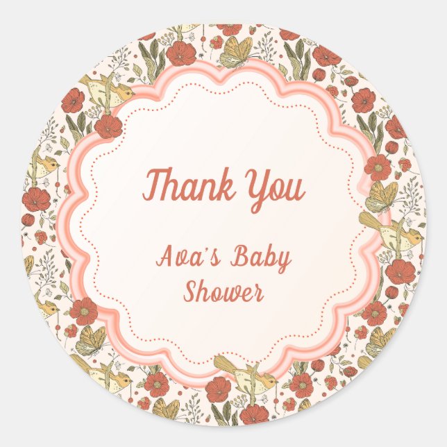 Baby Shower | Butterflies & Blossoms Poetic Floral Classic Round Sticker (Front)
