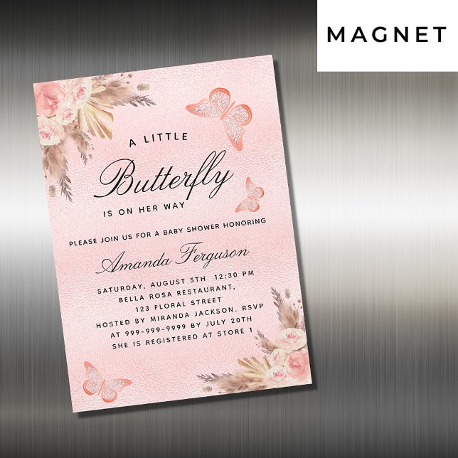 Baby Shower butterfly girl pink pampas luxury Magnetic Invitation (Creator Uploaded)