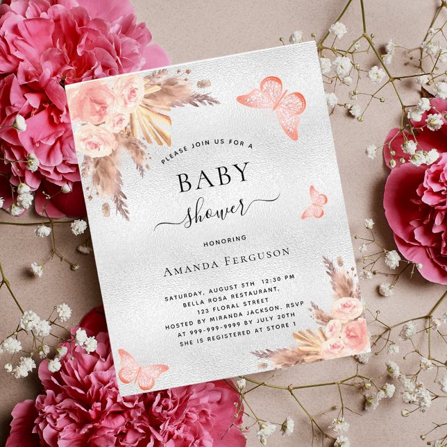 Baby shower butterfly pampas blush silver budget flyer (Creator Uploaded)