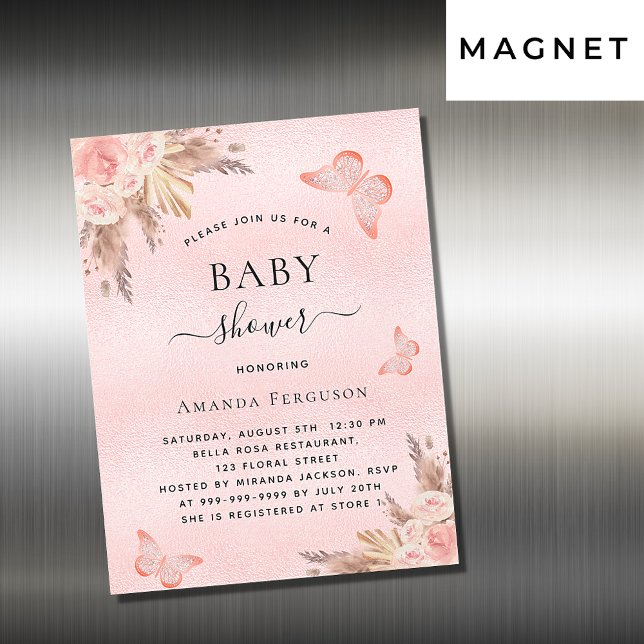Baby shower butterfly pampas grass blush luxury magnetic invitation (Creator Uploaded)