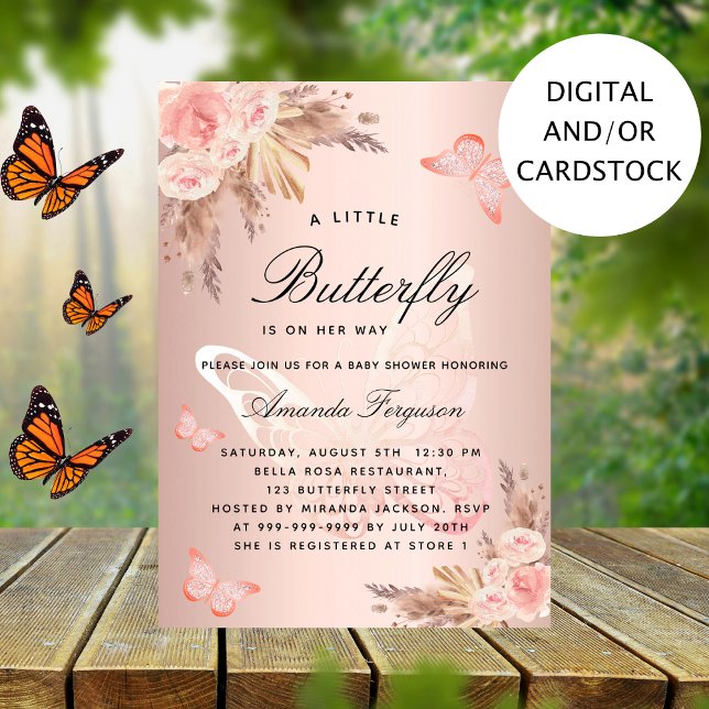 Baby shower butterfly pink girl pampas grass invitation (Creator Uploaded)