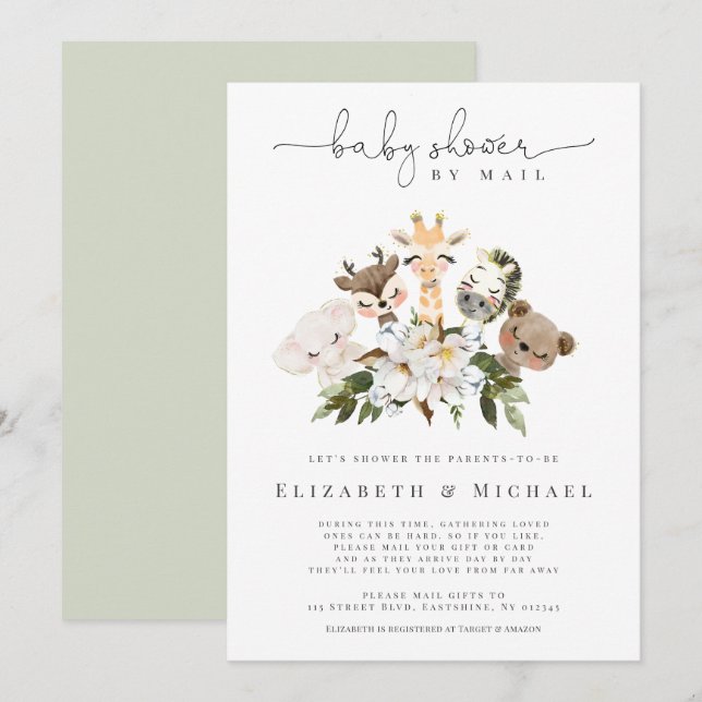 Baby Shower By Mail Animals Faux Gold Floral Invitation (Front/Back)