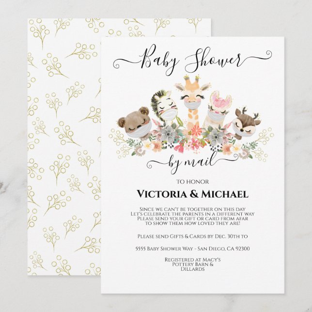 Baby Shower by mail baby Animals with Masks Invitation (Front/Back)