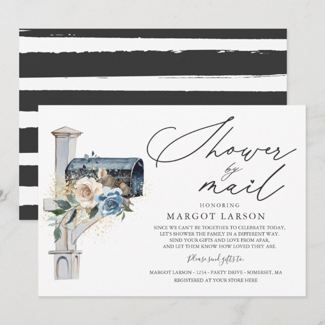 Baby Shower By Mail Invitation Blue & White Floral (Front/Back)