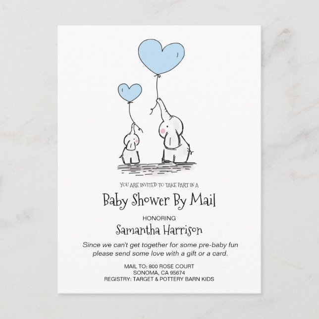 Baby Shower By Mail Mom And Baby Elephant Boy Blue Invitation Postcard (Front)