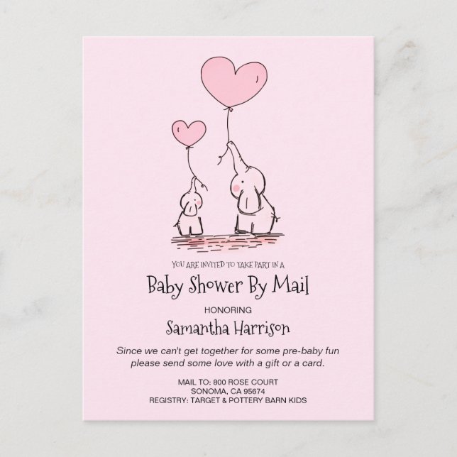 Baby Shower By Mail Mom And Baby Elephant Pink Invitation Postcard (Front)