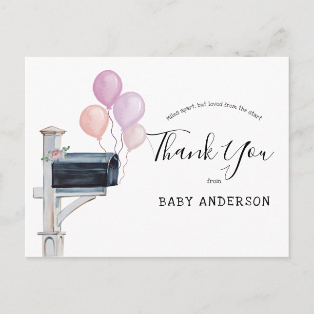 Baby Shower by Mail Pink Balloons Thank You Postcard (Front)