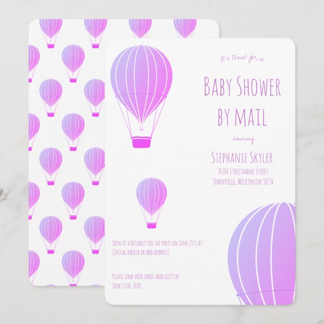 Baby Shower by Mail Purple Hot Air Balloon Invitation (Front/Back)