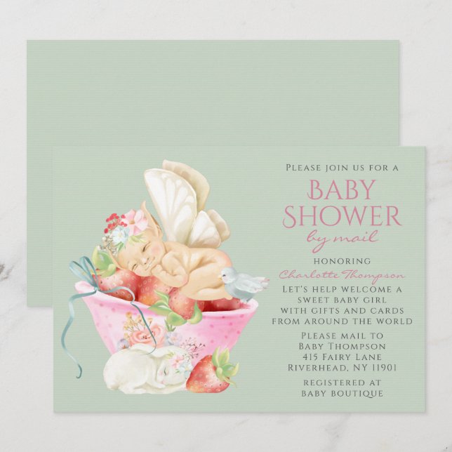 Baby Shower By Mail Watercolor Girl Fairy Rabbit Invitation (Front/Back)