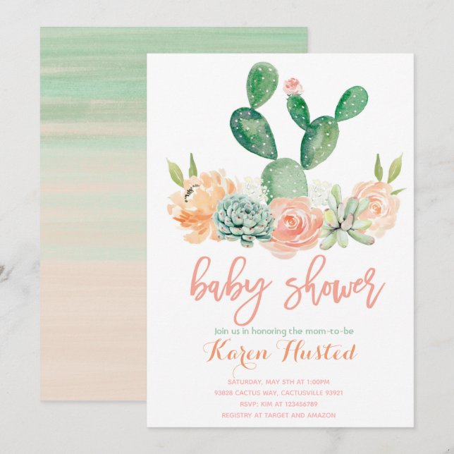 Baby shower Cactus invitation succulent (Devant / Derrière)