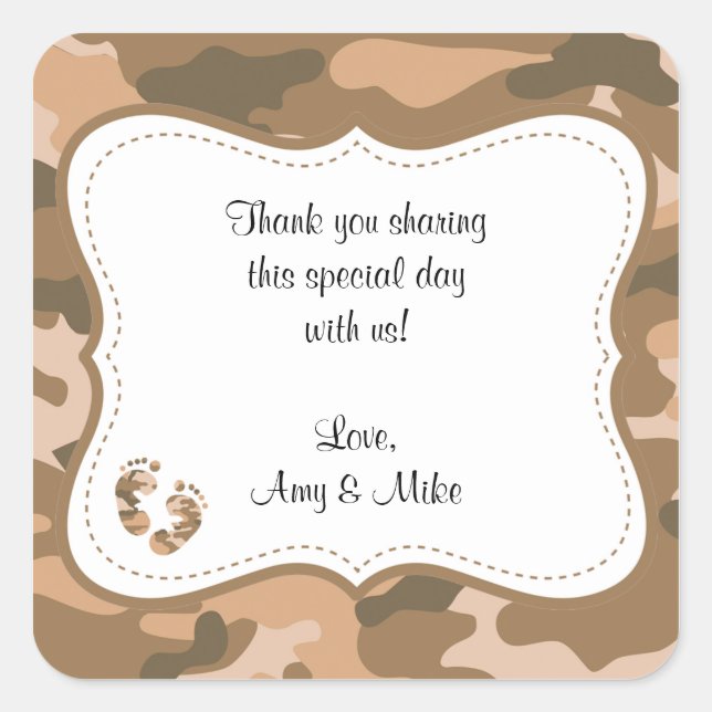 Baby shower Camo Brown Favoriser le étiquette avec (Devant)