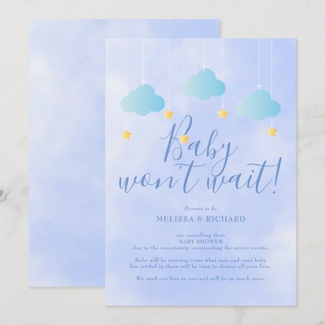 Baby Shower Cancellation Blue Shower by Mail Invitation (Front/Back)
