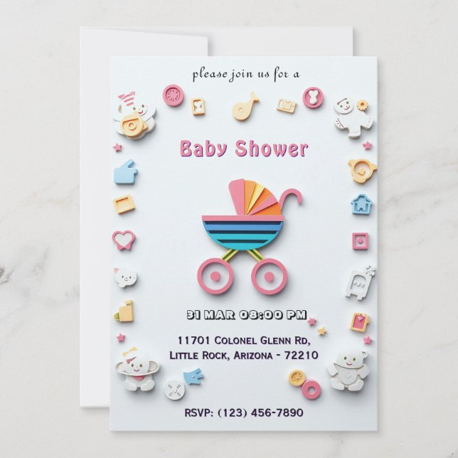 Baby Shower Card with Stroller and Cute Icons (Front)