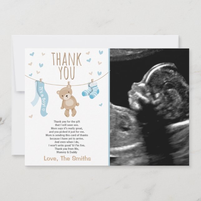 Baby shower Carte de remerciements Teddy Bear Bleu (Devant)
