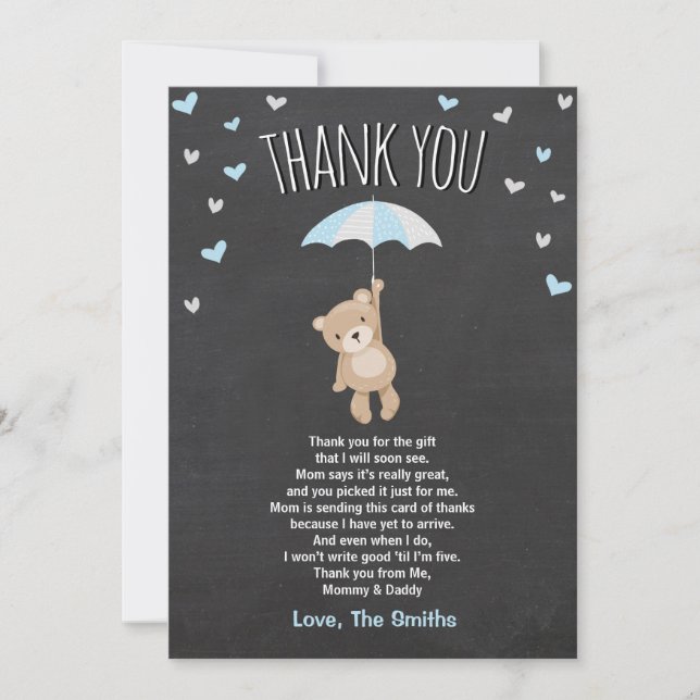 Baby shower Carte de remerciements Teddy Bear bleu (Devant)