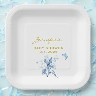 Baby Shower Charming Monochrome Blue Floral Paper Plate