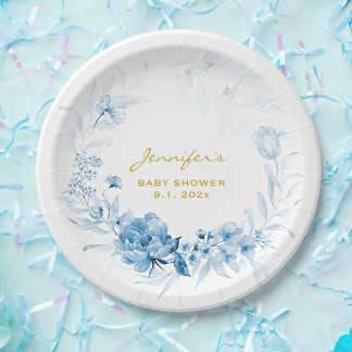 Baby Shower Charming Monochrome Blue Florals Paper Plate