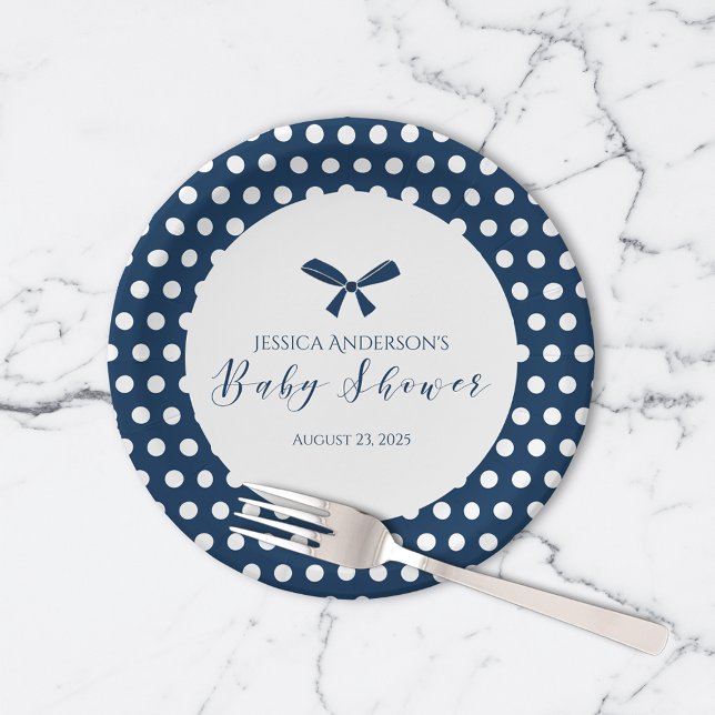 Baby Shower Charming Navy Blue Polka Dot Bow Paper Plate (Creator Uploaded)