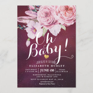 Baby Shower Chic Boho Floral Feathers Burgundy Red Invitation