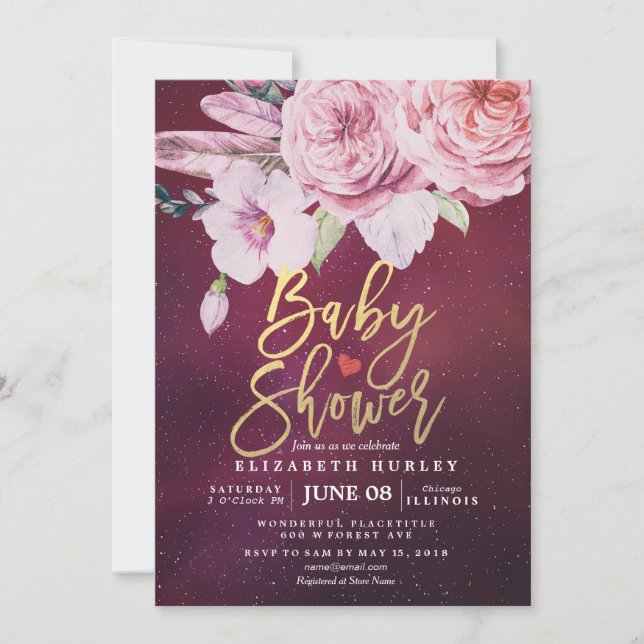Baby Shower Chic Boho Floral Feathers Burgundy Red Invitation (Front)