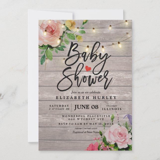 Baby Shower Chic Flowers Rustic Wood String Lights Invitation (Front)