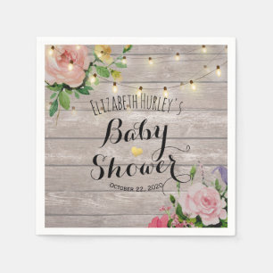 Baby Shower Chic Flowers Rustic Wood String Lights Napkin