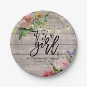 Baby Shower Chic Flowers Rustic Wood String Lights Paper Plate