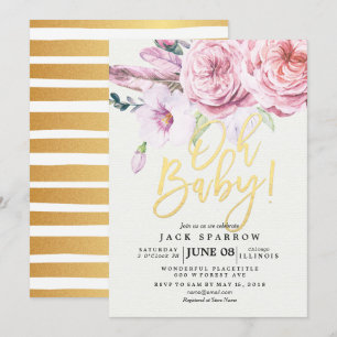 Baby Shower Chic Watercolor Boho Floral Feather Invitation
