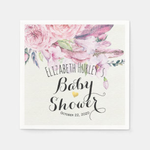 Baby Shower Chic Watercolor Boho Floral Feather Napkin