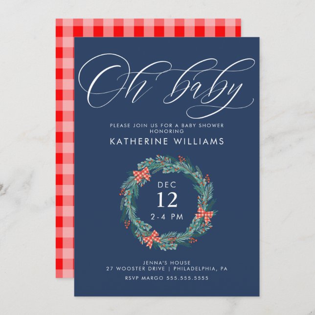 BABY SHOWER | Christmas Holiday Gingham Wreath Invitation (Front/Back)
