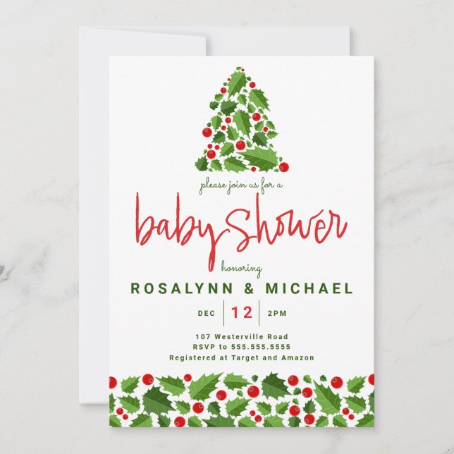 BABY SHOWER | Christmas Holiday Holly Floral Invitation (Front)