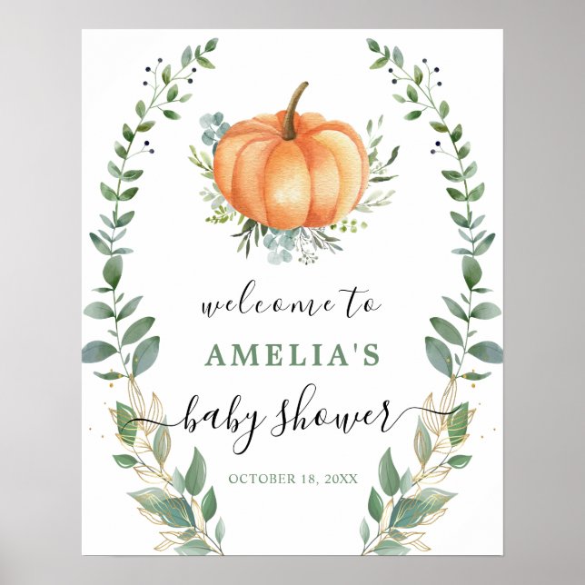 Baby shower Citrouille Affiche de bienvenue  vert (Devant)