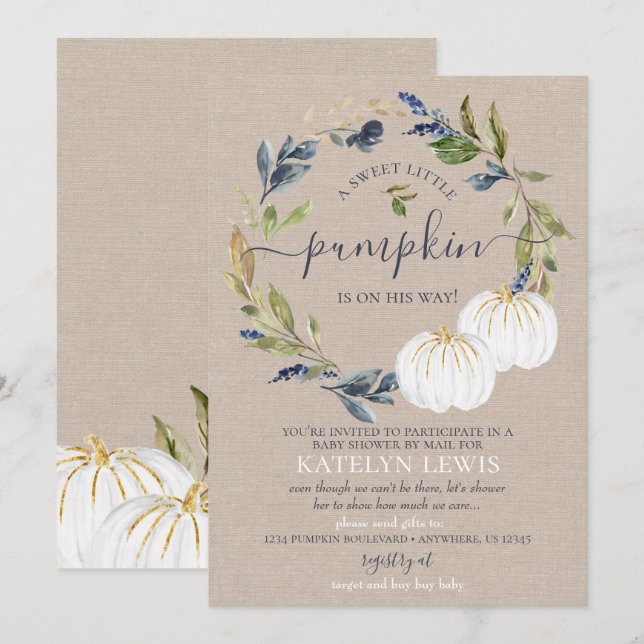Baby shower Citrouille blanc par invitation par co (Devant / Derrière)